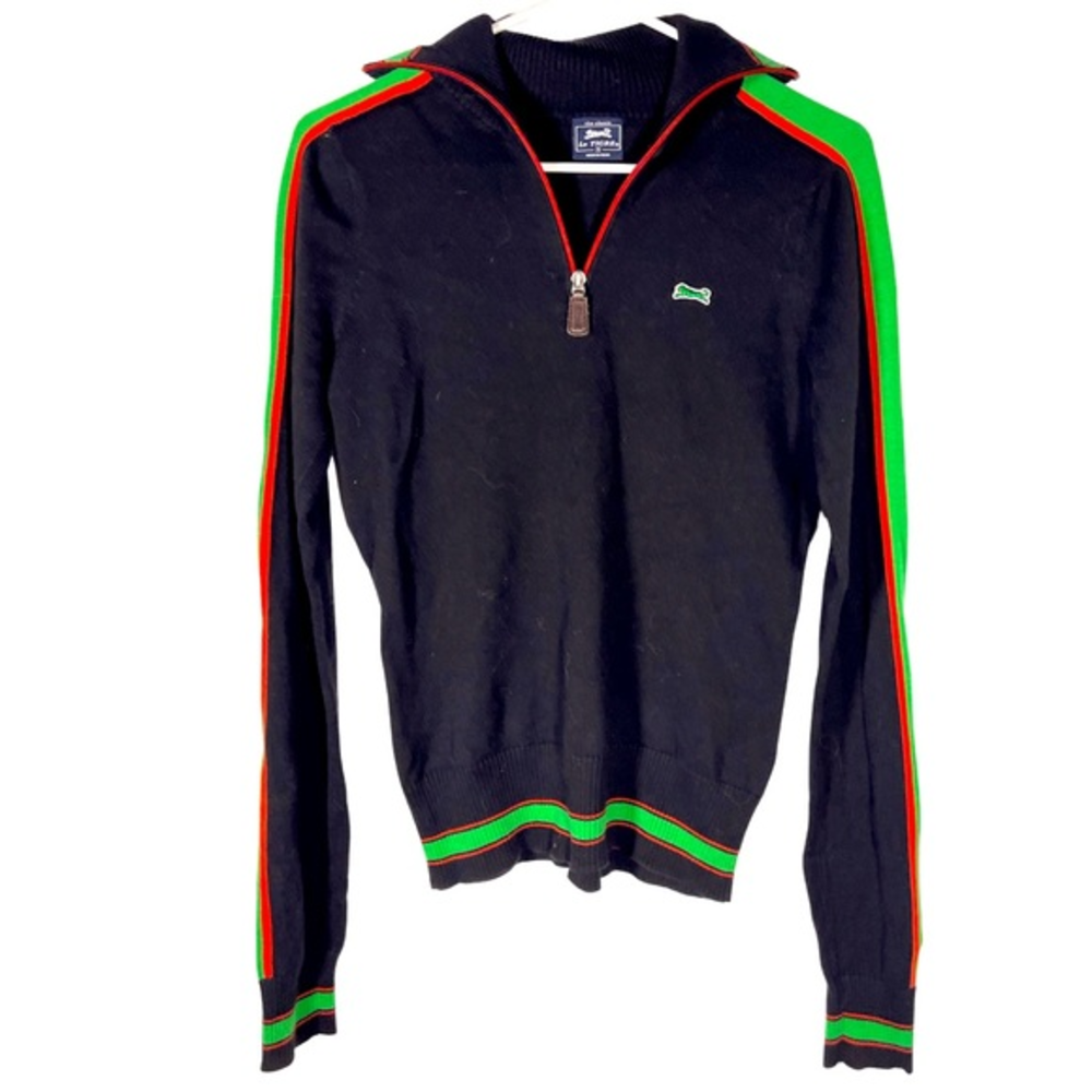 Vintage Le Tigre Cotton Quarter Zip Jacket sweater black w/ red‎ green stripes S